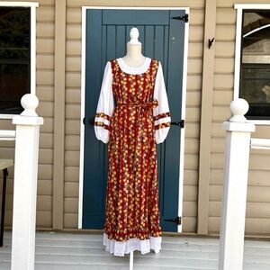 Vintage Rare Impressions Red Floral Maxi Dress with Lace  Women’s Size L